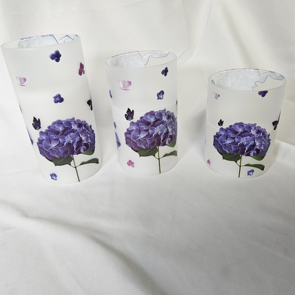Floral Frosted Glass Candles - Set‎ of 3 Battery Powered With Remote